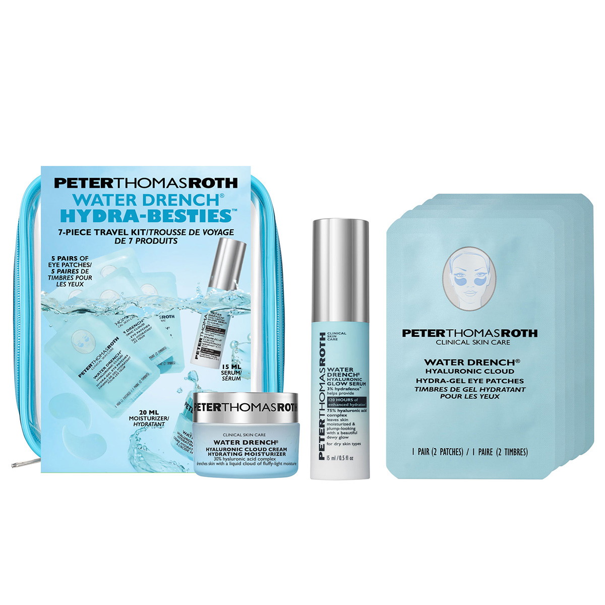 Kit da viaggio Water Drench® Hydra Besties (crema idratante 20 ml + siero 15 ml + cerotti per gli occhi 5 x 2)