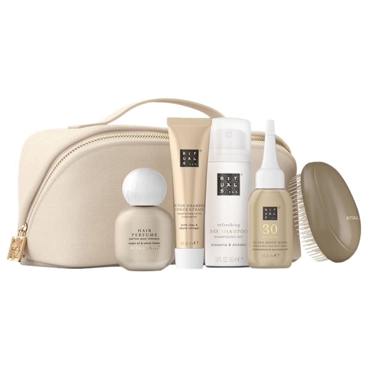 Hair Care Travel Set With Pouch (Shampoo 20ml + Dry Shampoo 50ml + Hair Perfume 15ml + Mask 30ml + Haarbürste)