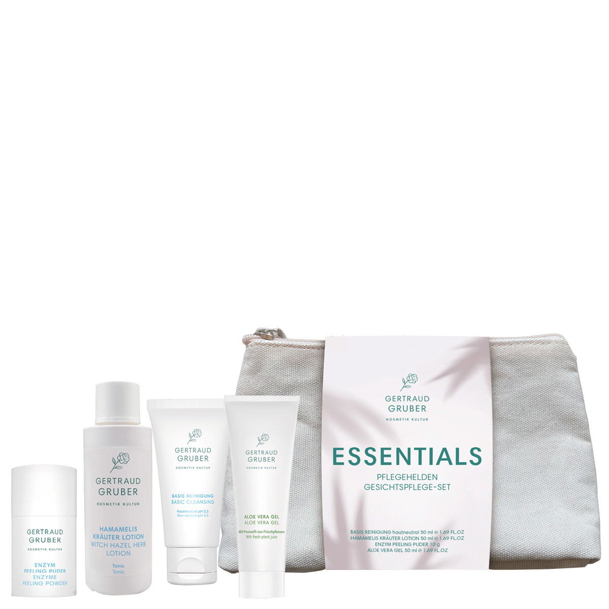 ESSENTIALS "Eroi della cura della pelle" - Set per la cura del viso (detergente 30 ml + lozione 50 ml + cipria 10 g + gel 50 ml)