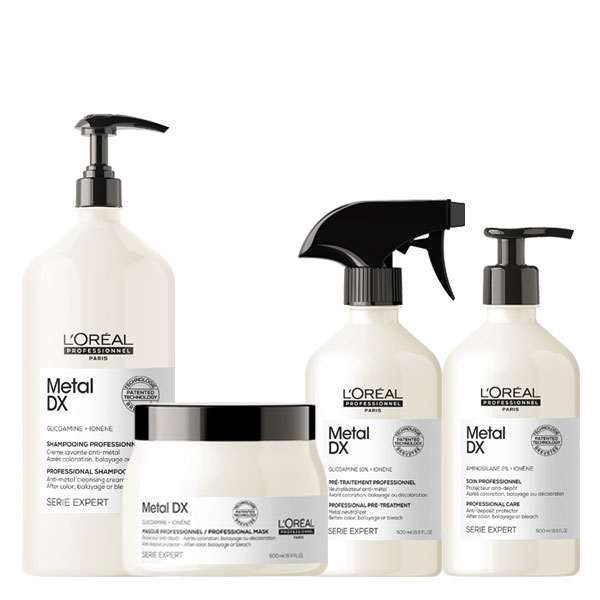 Serie Expert Metal DX Set profesional (champú 1500 ml + tratamiento 500 ml + mascarilla 500 ml + producto de cuidado 500 ml)