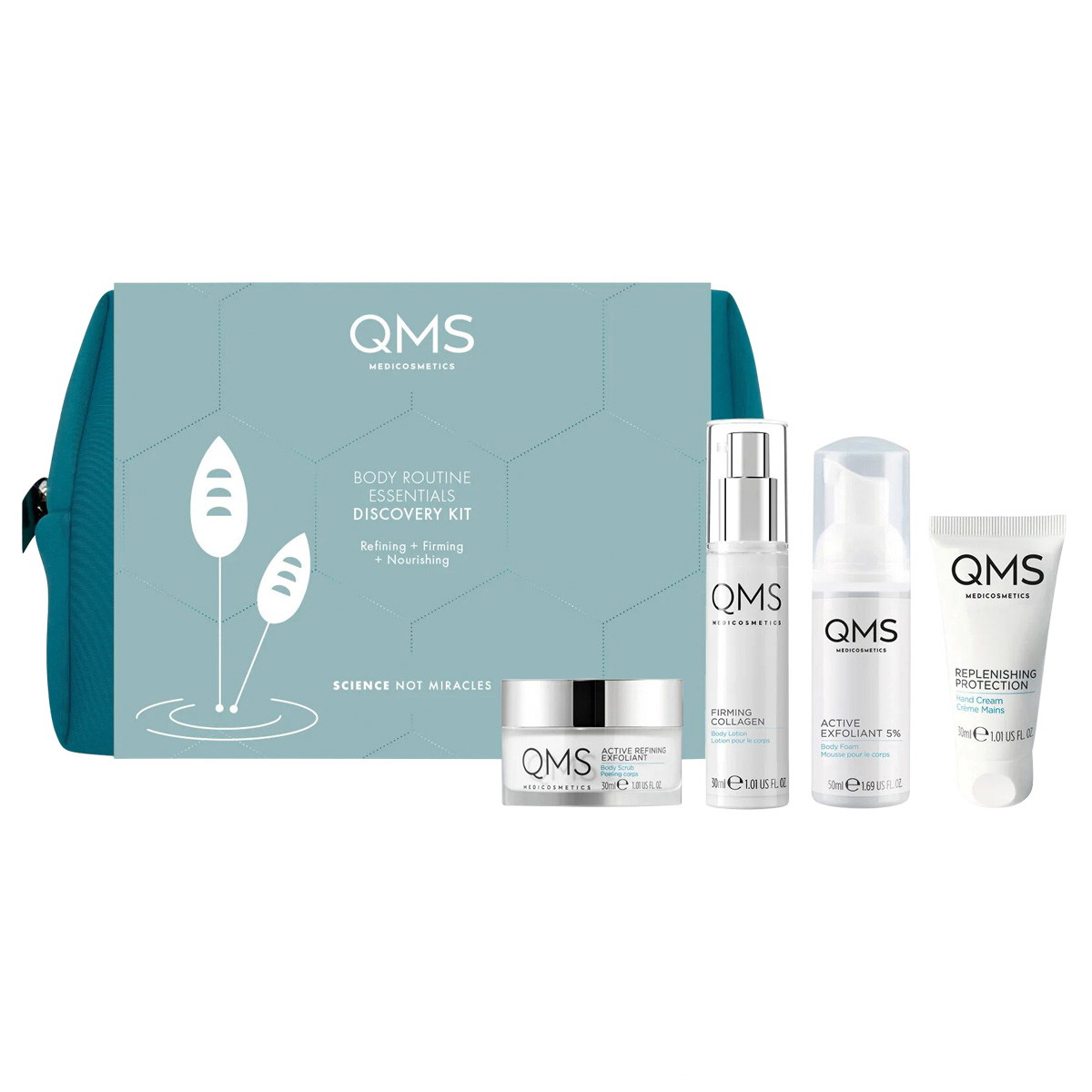 Body Routine Essentials (espuma corporal 50 ml + loción corporal 30 ml + crema de manos 30 ml + exfoliante corporal 30 ml)