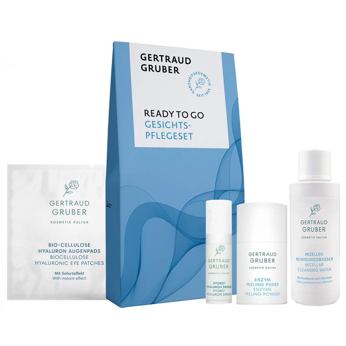 Kit de soins du visage « Ready to Go » (poudre 10 g + eau démaquillante 50 ml + sérum 5 ml + cotons 1 paire)